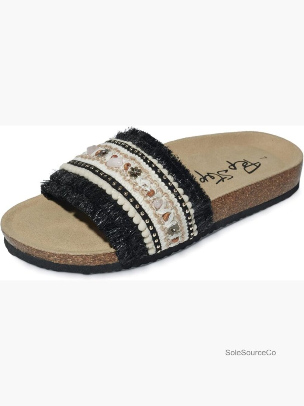 Bohemian Slide Sandals with Cork Footbed Memory Foam Beaded Fringe Straps